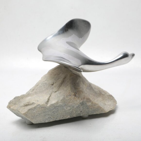 Vintage Hoselton Polished Aluminum Flying Goose Bird Sculpture Signed Art Stone - Picture 4 of 11